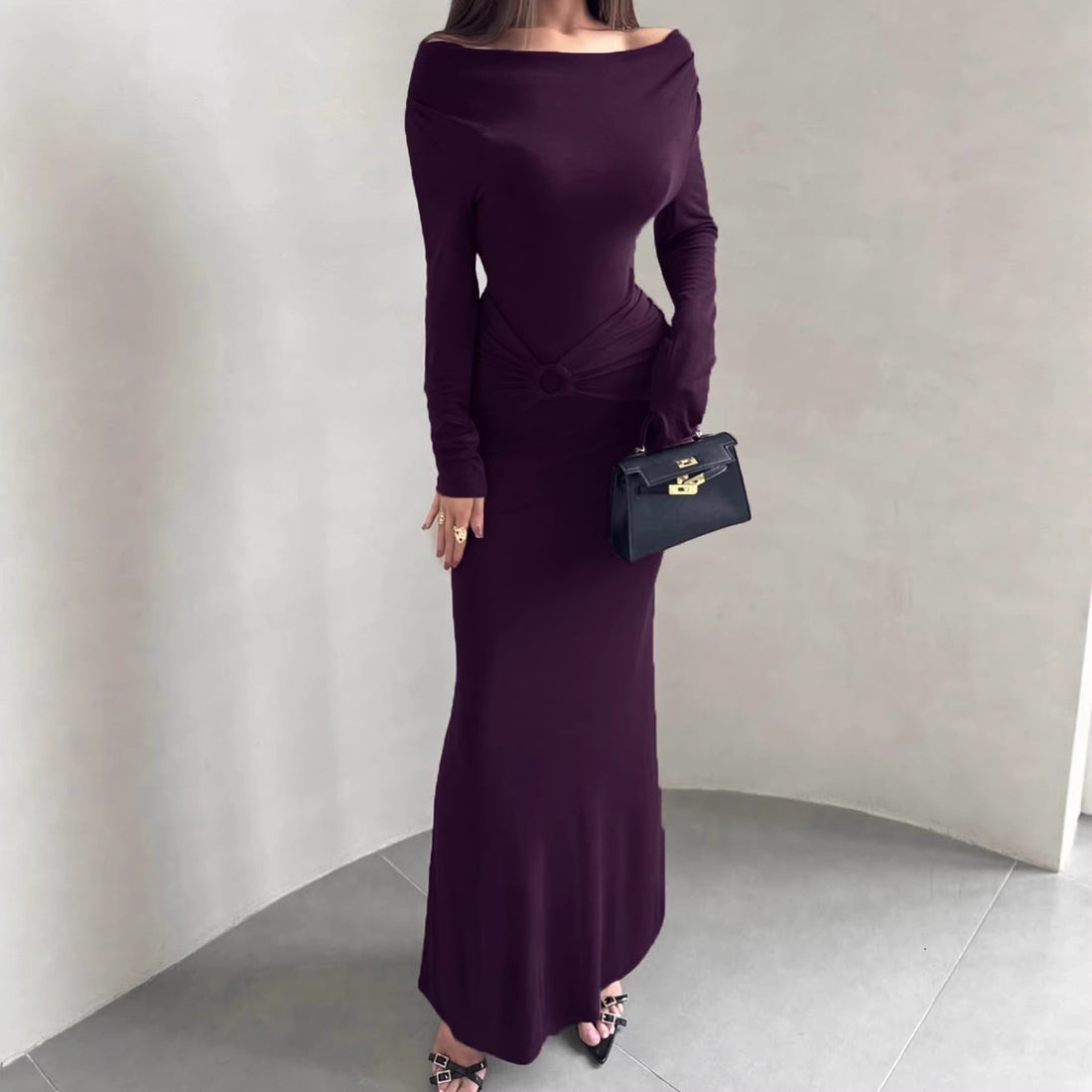 Damen Off-Shoulder Maxikleid mit taillierter Wickeloptik und Raffung – Valéora