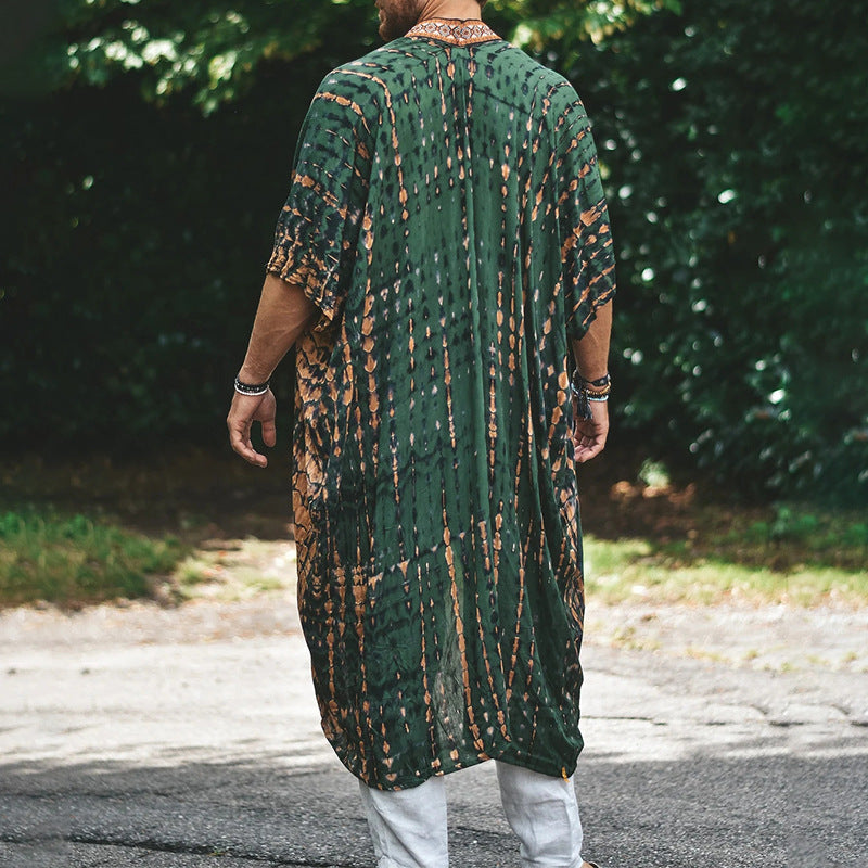 Herren Langer Batik-Kimono aus leichter Viskose mit Ornamentbesatz Echoarchiv