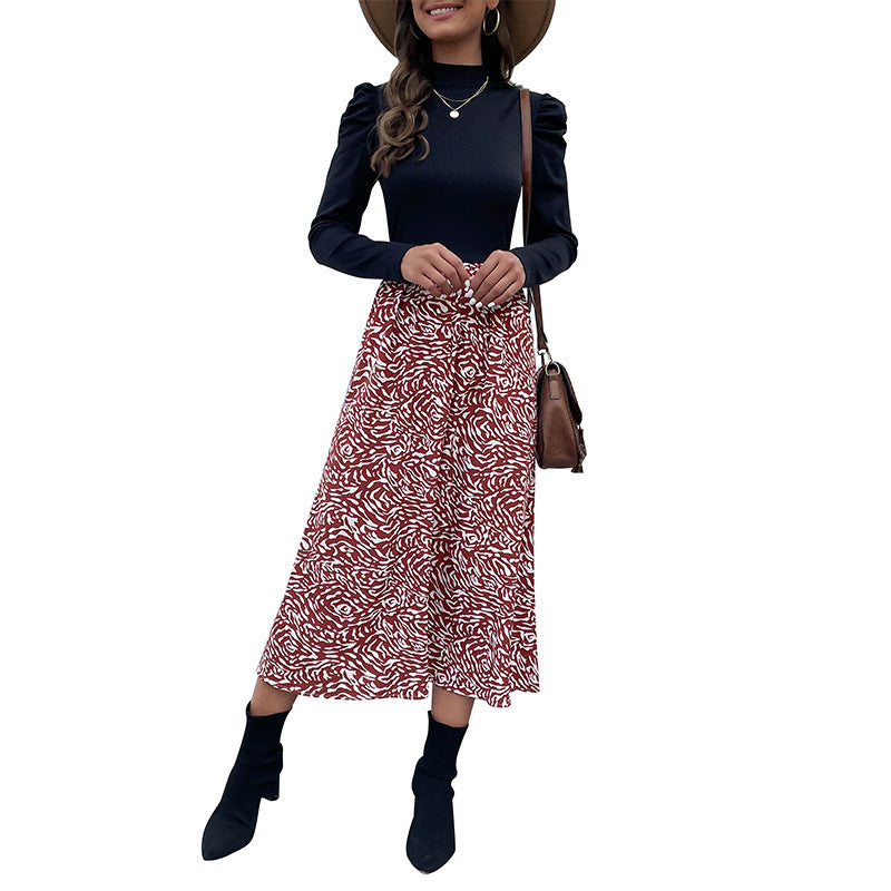 Damen A-Linien-Midirock mit hohem Bund, fließender Silhouette und abstraktem Print Echoarchiv