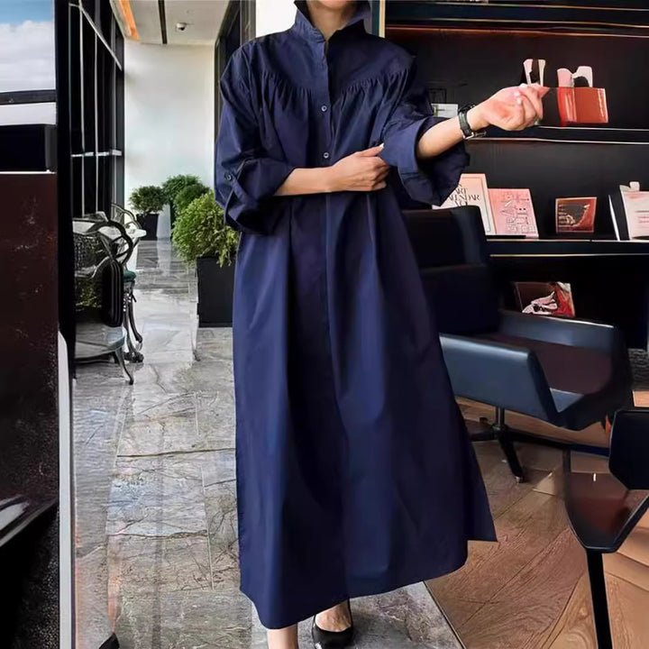 Damen Maxikleid im Oversize-Hemdstil mit Stehkragen, Schulterpasse und Eingrifftaschen Echoarchiv