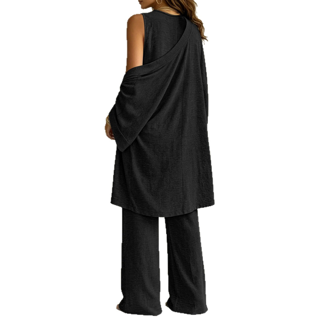 Damen Leichtes Lounge-Set mit Kimono-Cardigan, V‑Ausschnitt-Top und weitem Kordelbund-Hose – Élanora