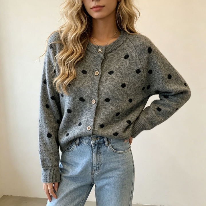 Damen Gepunkteter Mohair‑Optik Button‑Cardigan mit Rundhalsausschnitt – Veloura
