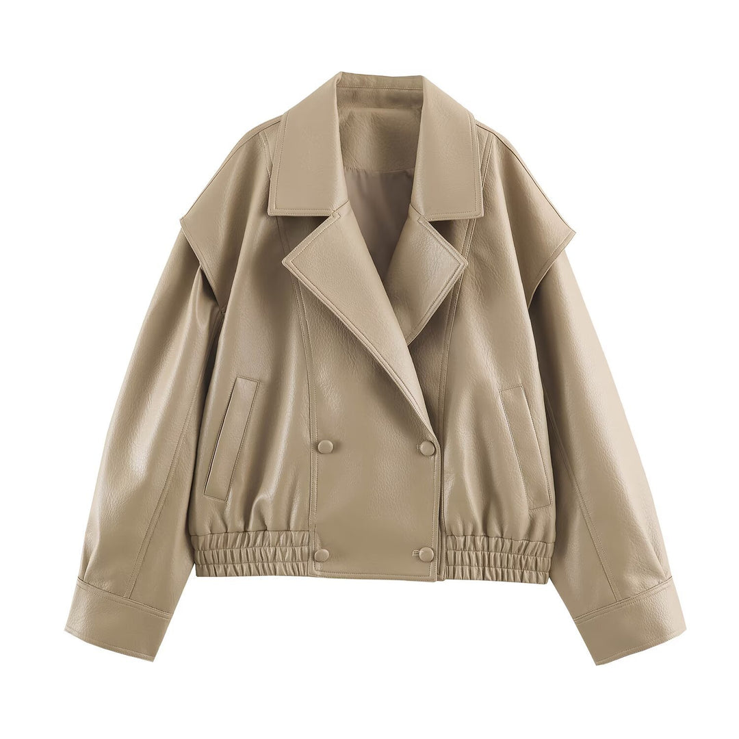 Damen Oversize Kunstlederjacke mit Doppelreihe, weitem Revers und elastischem Saum Echoarchiv