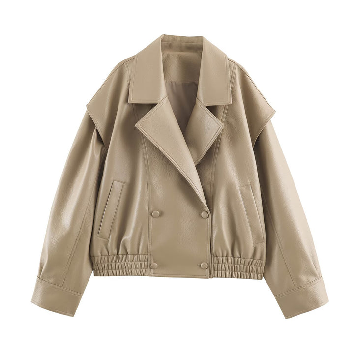 Damen Oversize Kunstlederjacke mit Doppelreihe, weitem Revers und elastischem Saum Echoarchiv