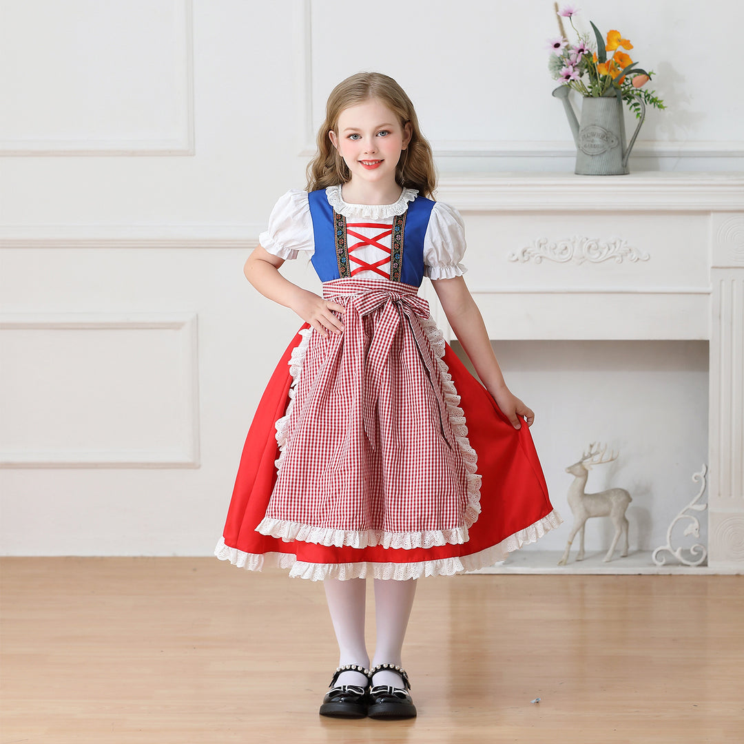 Damen nan traditionelles Kinder-Dirndl Kleid mit geraffter Schürze und Spitzenbesatz Echo Archiv