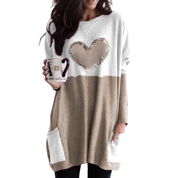 Damen Oversized Lange Pullover Tunika mit Pailletten-Herz und aufgesetzten Taschen Echoarchiv