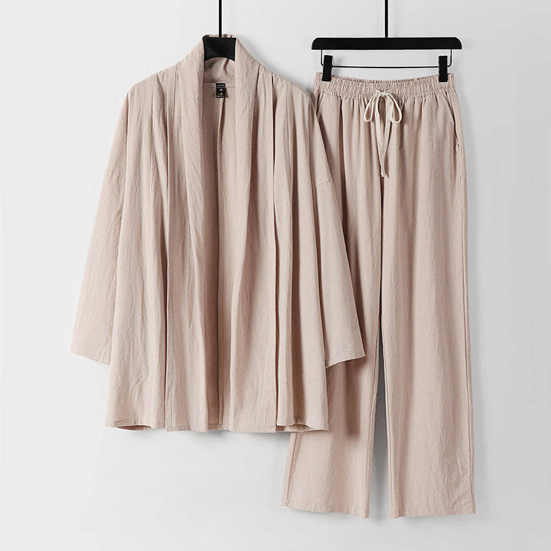 Unisex Lässiges Kimono-Zweiteiler aus atmungsaktivem Leinen-Viskose mit offenem Schalkragen und Kordelbundhose Echoarchiv