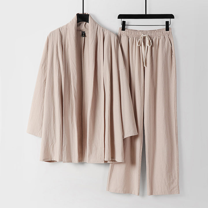 Unisex Lässiges Kimono-Zweiteiler aus atmungsaktivem Leinen-Viskose mit offenem Schalkragen und Kordelbundhose Echoarchiv