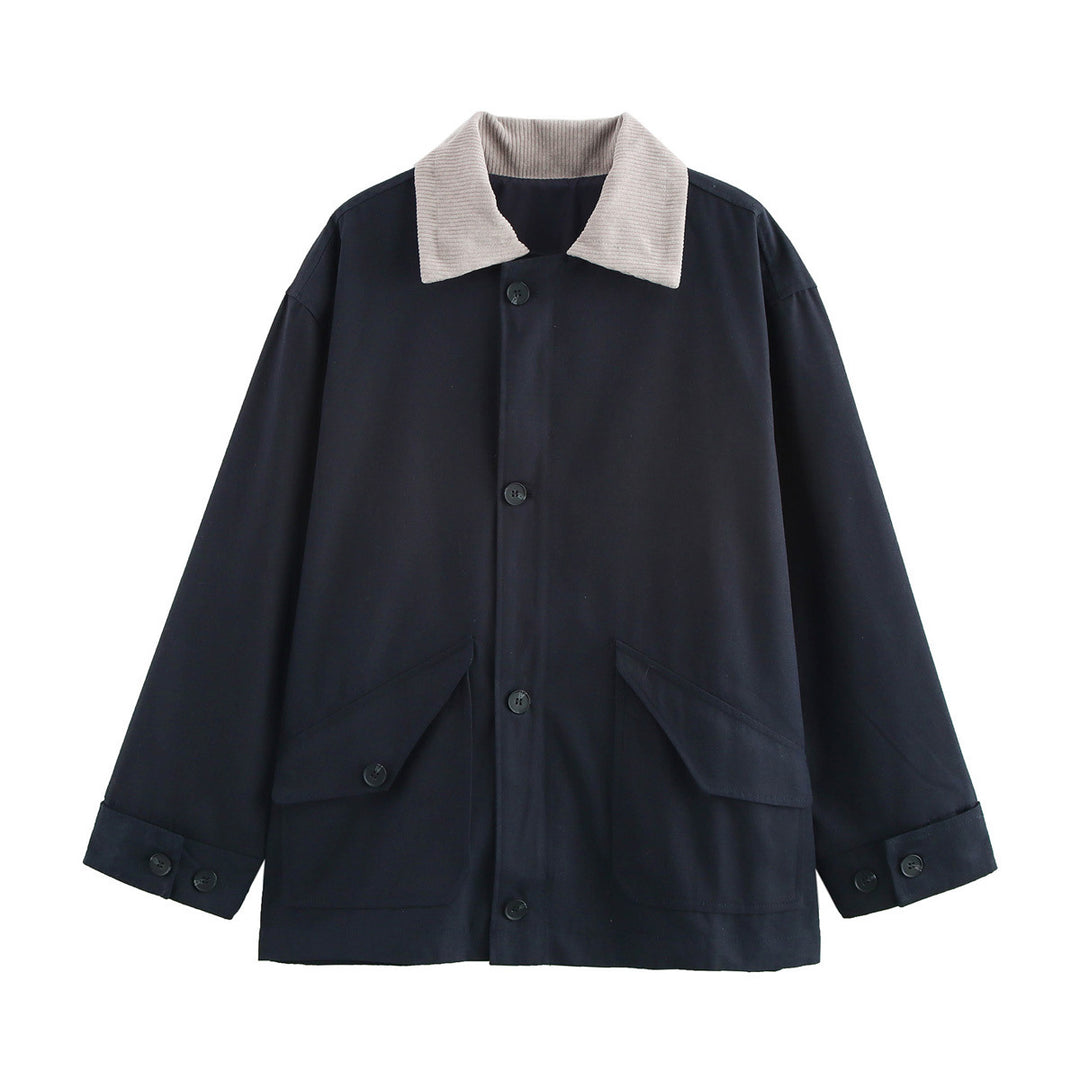 Damen kastige Utility-Overshirtjacke mit kontrast Cordkragen und aufgesetzten Pattentaschen – Célinea