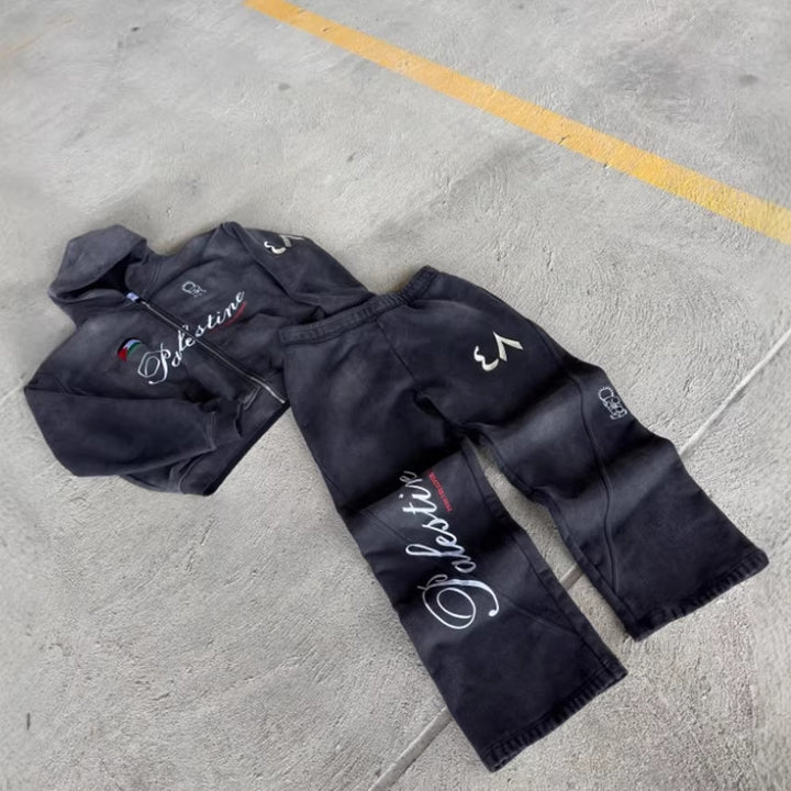 Unisex nan Oversize Kapuzensweat-Set im Vintage-Look mit Reißverschluss, aussagekräftiger Stickerei und weitem Sweatpant Echo Archiv