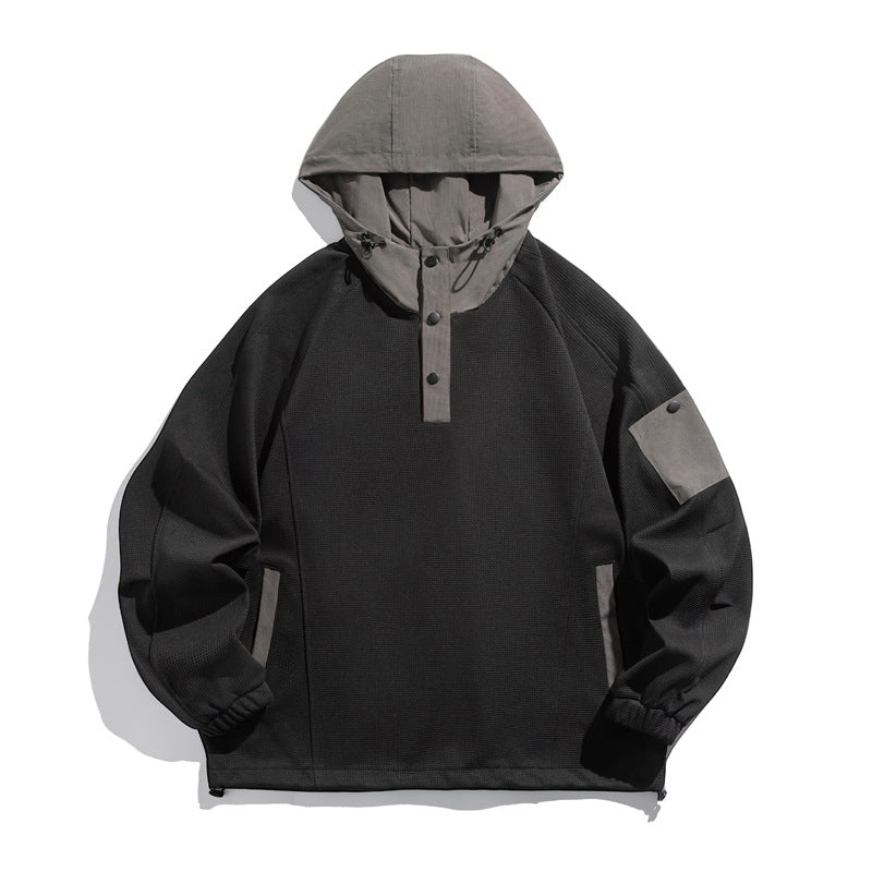Unisex Oversize Kapuzen-Anorak-Pullover mit halber Druckknopfleiste, Utility-Ärmeltasche und Thermostruktur Echoarchiv