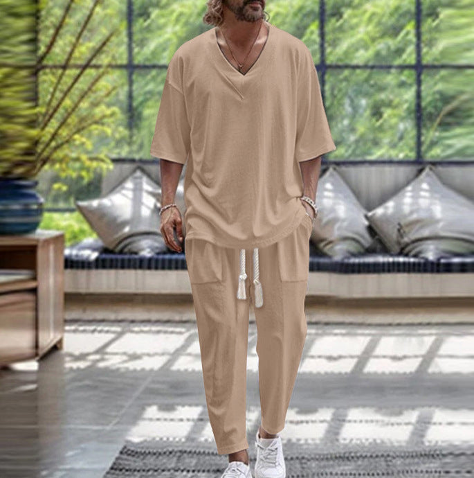 Herren legeres Freizeitanzug-Set mit V-Ausschnitt und elastischen Bündchen Echoarchiv