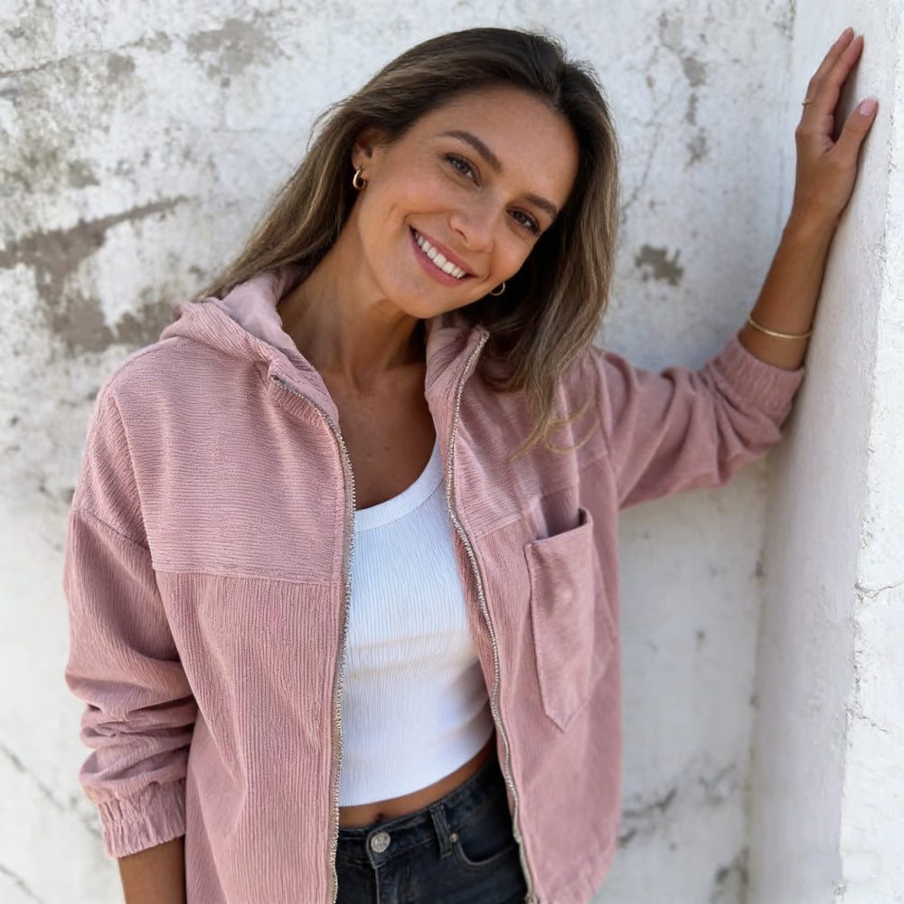 Damen nan Feincord-Übergangsjacke mit Kapuze, Reißverschluss, elastischen Bündchen und seitlichen Eingrifftaschen Echo Archiv