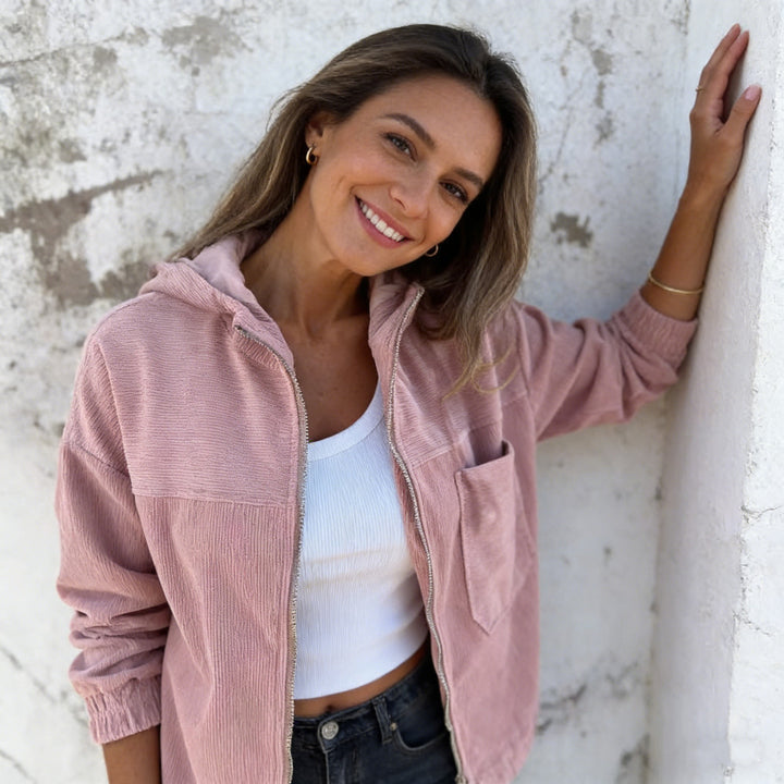 Damen nan Feincord-Übergangsjacke mit Kapuze, Reißverschluss, elastischen Bündchen und seitlichen Eingrifftaschen Echo Archiv