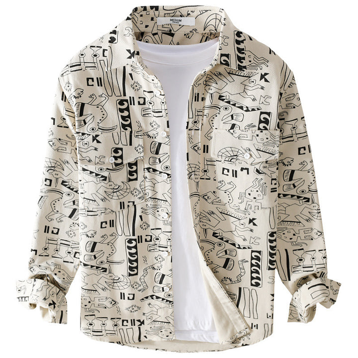 Herren Leichtes Baumwoll-Overshirt mit künstlerischem Linien-Print und doppelter Brusttasche Echoarchiv