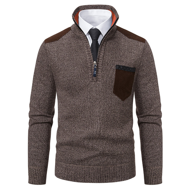 Herren nan Feinstrick-Halbzip-Pullover mit Stehkragen, Brusttasche und Schulterbesatz Echo Archiv