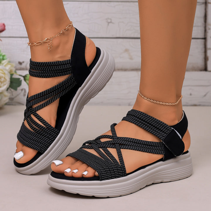 Damen Gepolsterte Plateau-Sandalen mit elastischen Flechtriemen und Klettverschluss Echo Archiv