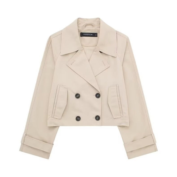 Damen kurze zweireihige Cropped Trenchjacke mit breitem Revers und verstellbaren Ärmelschnallen – Célinea