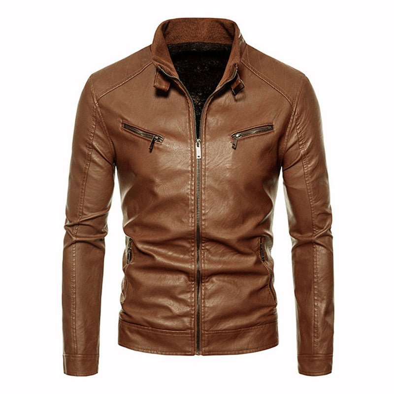 Herren Figurbetonte Kunstleder-Bikerjacke mit Stehkragen und Reißverschlusstaschen Echoarchiv