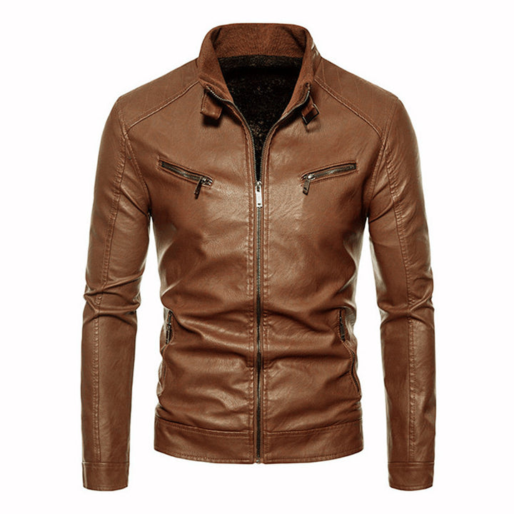 Herren Figurbetonte Kunstleder-Bikerjacke mit Stehkragen und Reißverschlusstaschen Echoarchiv