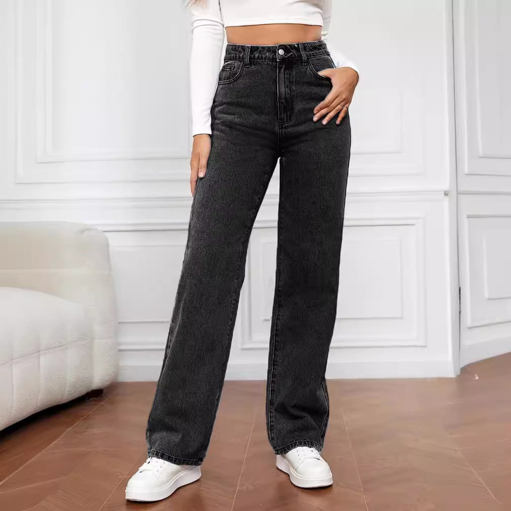 Damen nan hochgeschnittene weite Denimjeans mit geradem Bein und elastischem Bund Echo Archiv