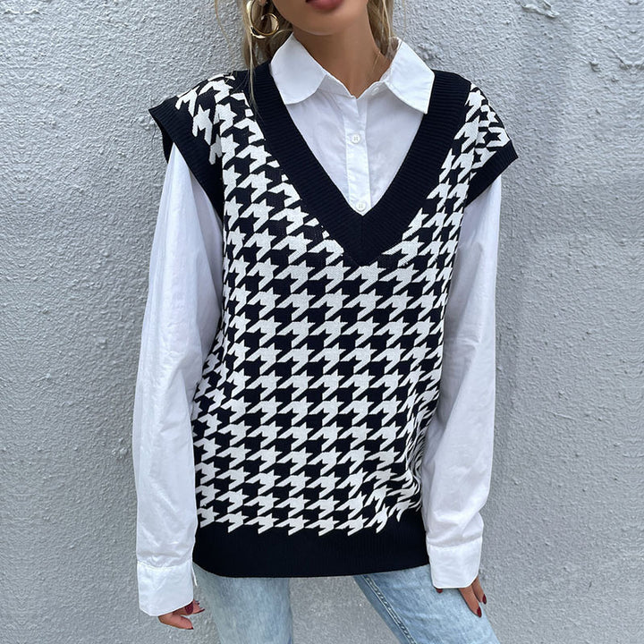 Damen Hochwertiger Strickpullover mit V-Ausschnitt und Hahnentrittmuster Echo Archiv