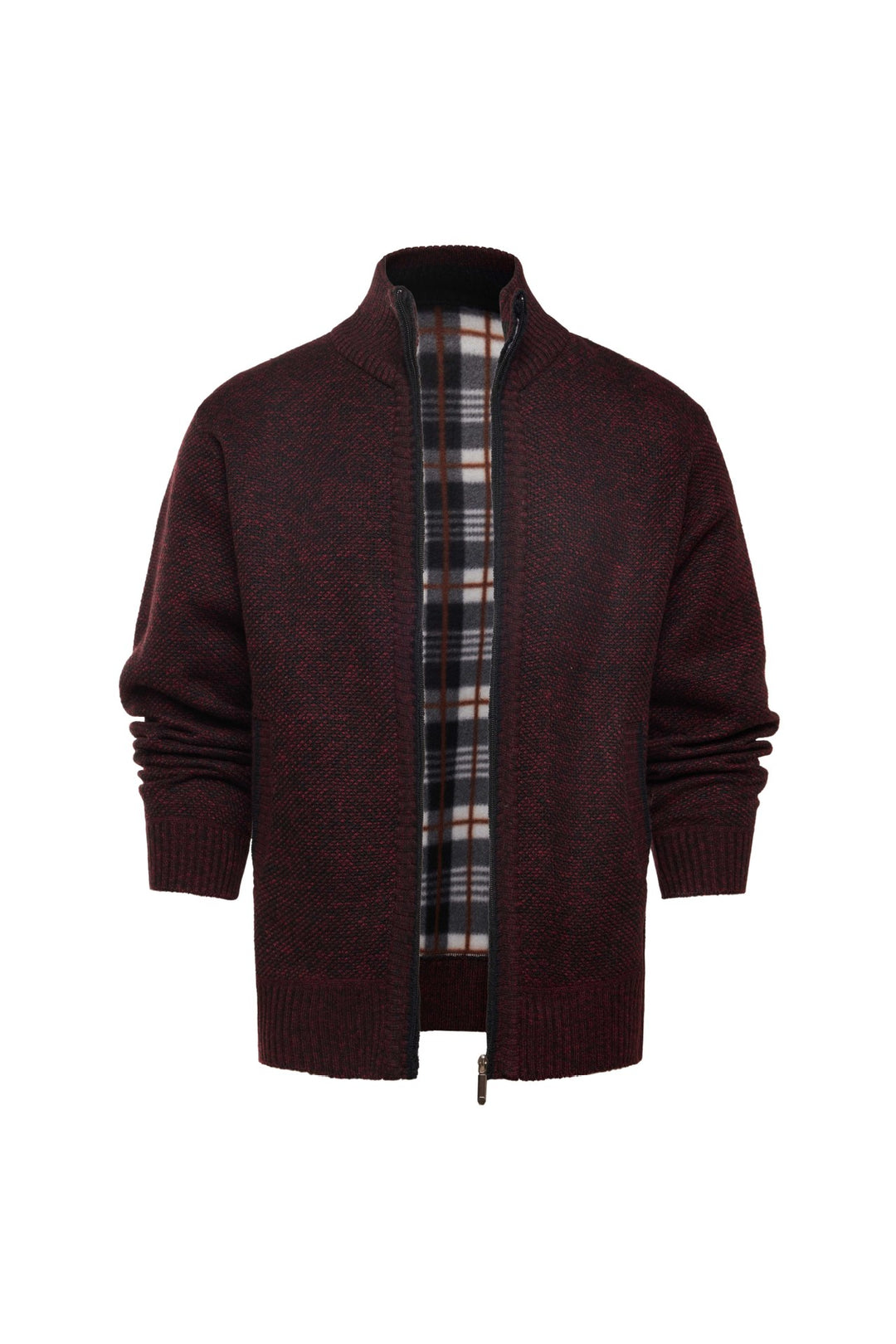 Herren gebürstete Strickjacke mit kariertem Thermofutter und Stehkragen – Taviero