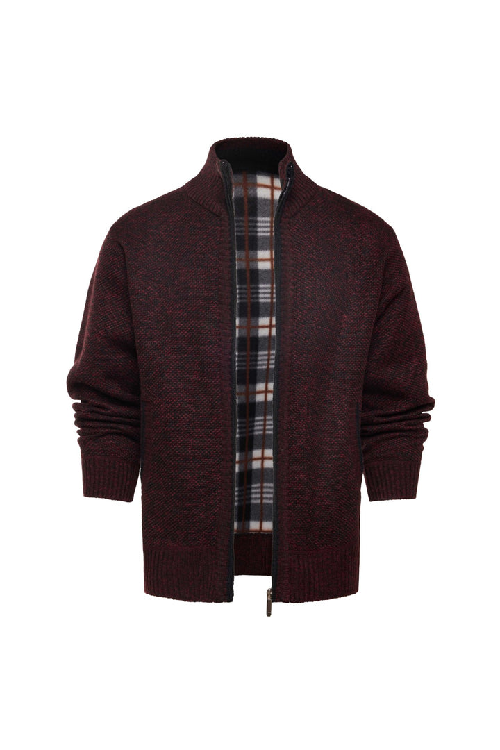 Herren gebürstete Strickjacke mit kariertem Thermofutter und Stehkragen – Taviero