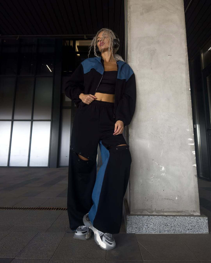 Damen zweifarbiges Kapuzenjacken- und wandelbares Druckknopf-Jogginghosen-Set – Auréline