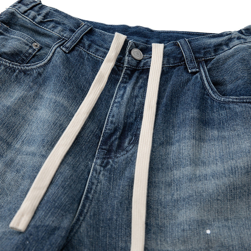 Damen Weit geschnittene High‑Waist Jeans mit Kordelzug, Farb‑Sprenkel und Used‑Waschung Echoarchiv