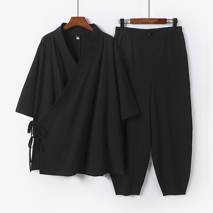 Unisex Leichtes Wickel-Lounge-Set im Kimono-Stil mit seitlichen Bindebändern und elastischer konisch zulaufender Hose Echoarchiv