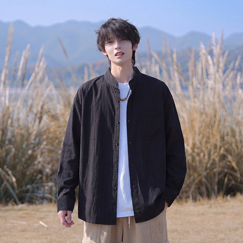 Herren Oversize-Hemd aus leichtem Baumwollmix mit Mandarinkragen und Brusttasche – Arvello