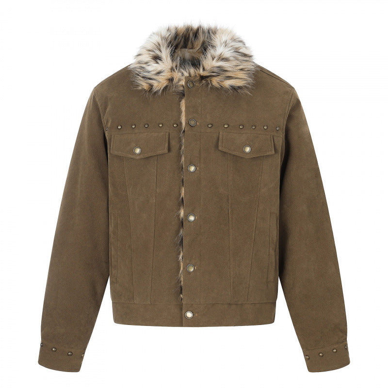 Herren Kurzjacke aus Velourslederimitat mit Kunstfellkragen und Nieten-Details Echo Archiv