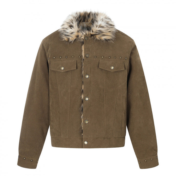 Herren Kurzjacke aus Velourslederimitat mit Kunstfellkragen und Nieten-Details Echo Archiv