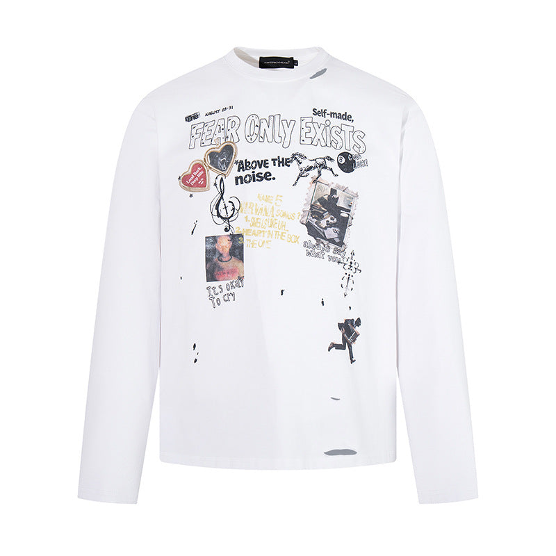 Herren Langarmshirt mit Print-Collage, Distressed‑Details und Relaxed‑Fit Echoarchiv