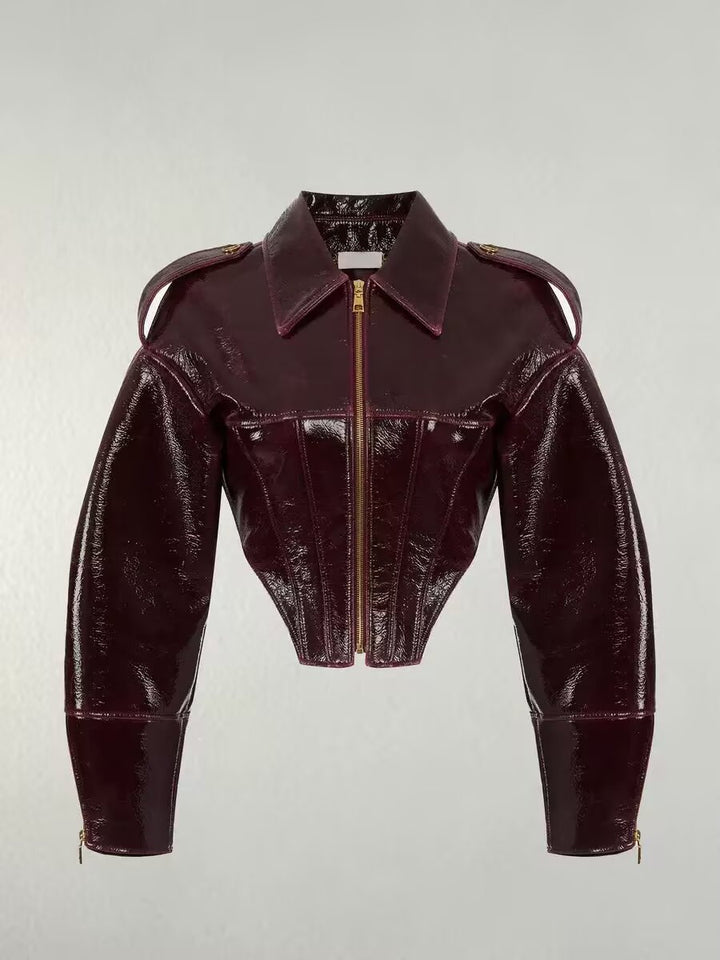 Damen kurz geschnittener Lackoptik-Blouson mit tailliertem Korsett-Schnitt Echo Archiv