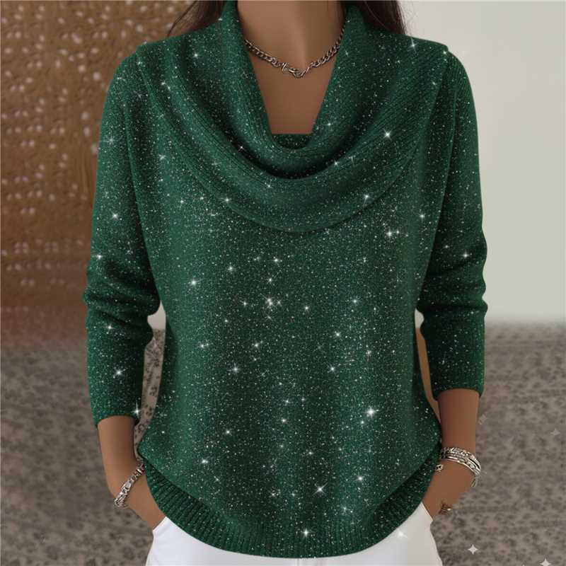 Damen nan schimmernder Strickpullover mit Wasserfallkragen, feiner Glitzerstruktur und schmalem Saum Echo Archiv