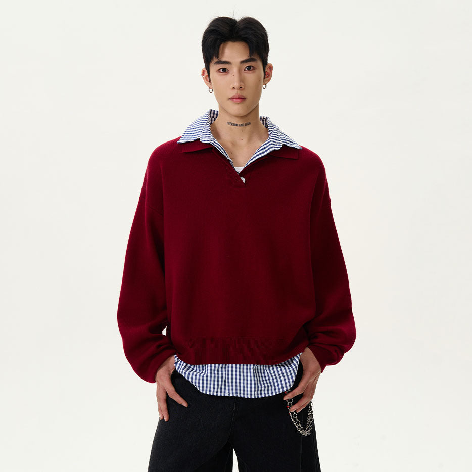 Herren Modischer Grobstrickpullover mit Hemdkragen und Knopfleiste Echoarchiv