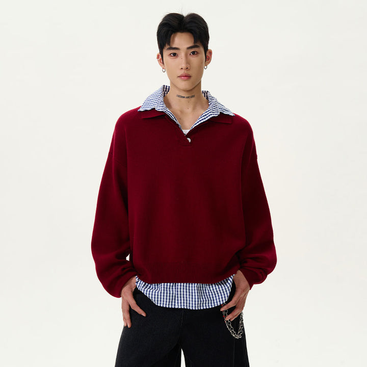 Herren Modischer Grobstrickpullover mit Hemdkragen und Knopfleiste Echoarchiv