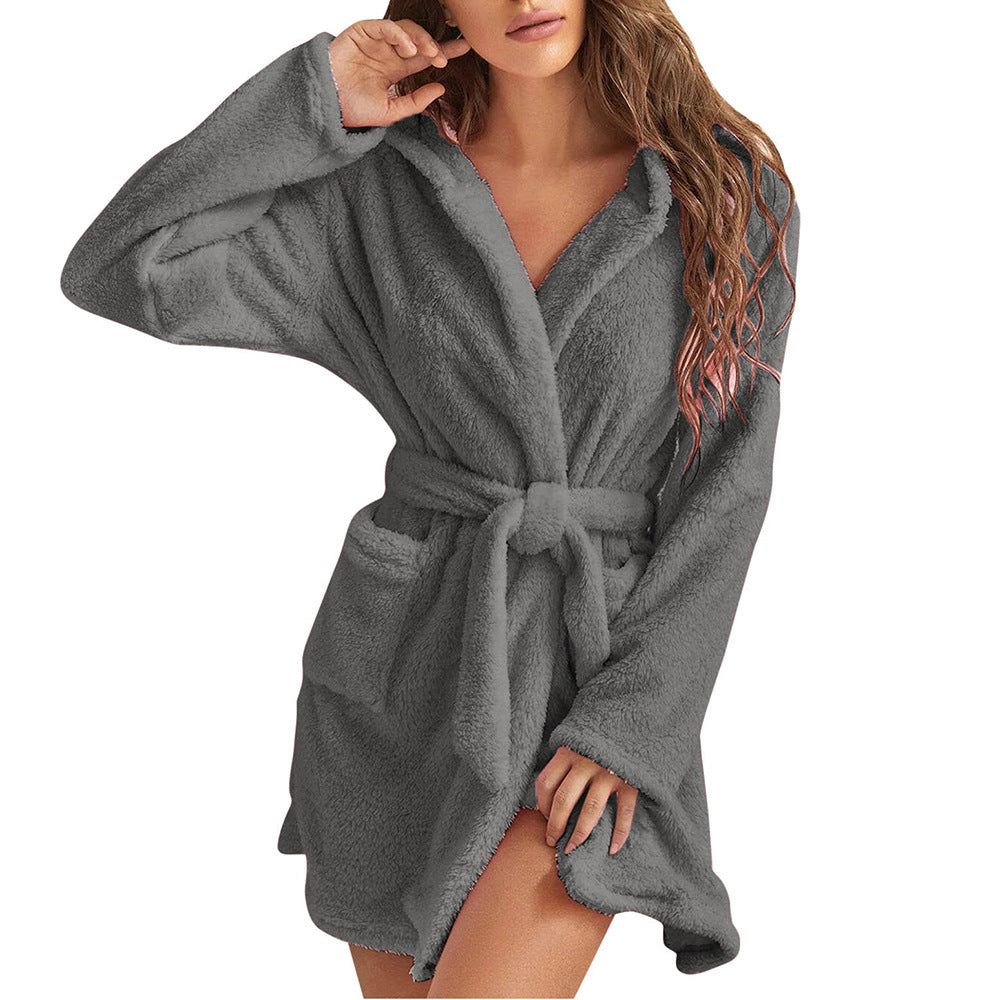 Damen Kuscheliger Fleece-Bademantel mit Kapuze und Gürtel Echoarchiv
