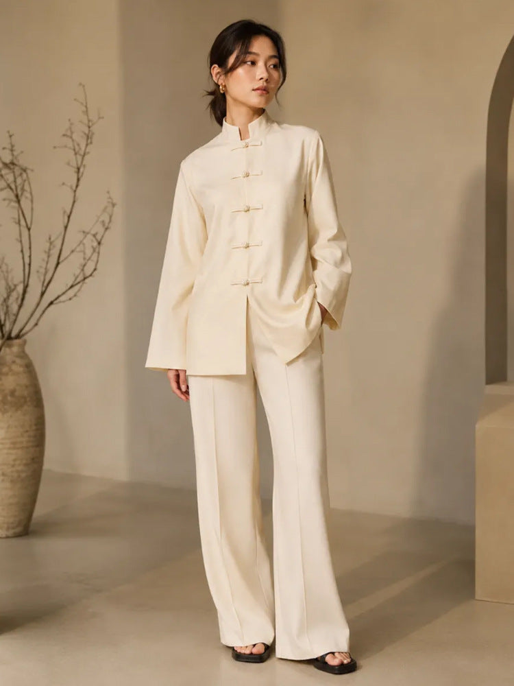 Damen Mandarin-Kragen Tunikajacke mit Knotenverschlüssen und weiter Palazzo-Hose Echoarchiv