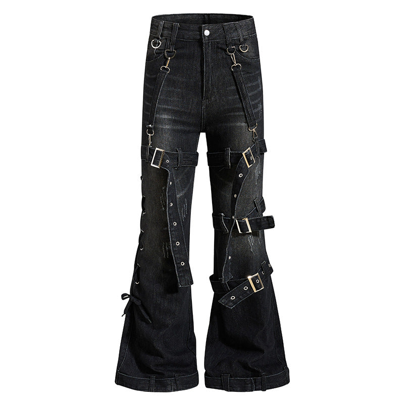 Damen Bondage-Flared-Jeans mit dekorativen Schnallen, Riemen und Used-Look Echoarchiv