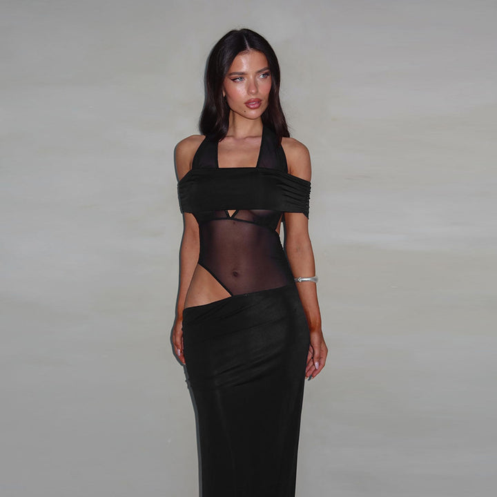 Damen schulterfreies, elegantes Maxikleid mit transparenten Einsätzen und Rüschendetails Echo Archiv