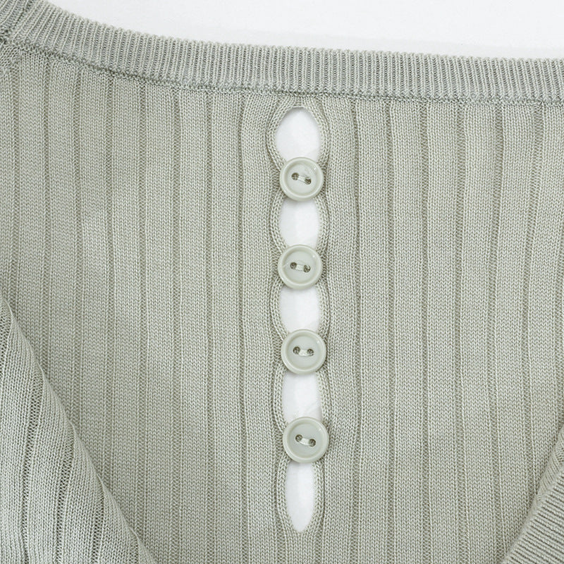 Damen Geripptes Kurzarm-Strickshirt mit Rundhalsausschnitt und Schlüsselloch-Detail Echo Archiv