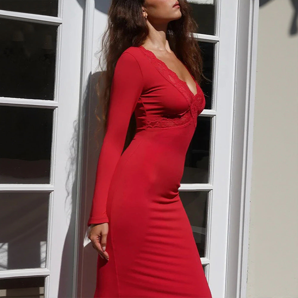 Damen figurbetontes Maxikleid mit Spitzen-Bustier tiefem V-Ausschnitt und taillierter Empire-Naht – Valéora