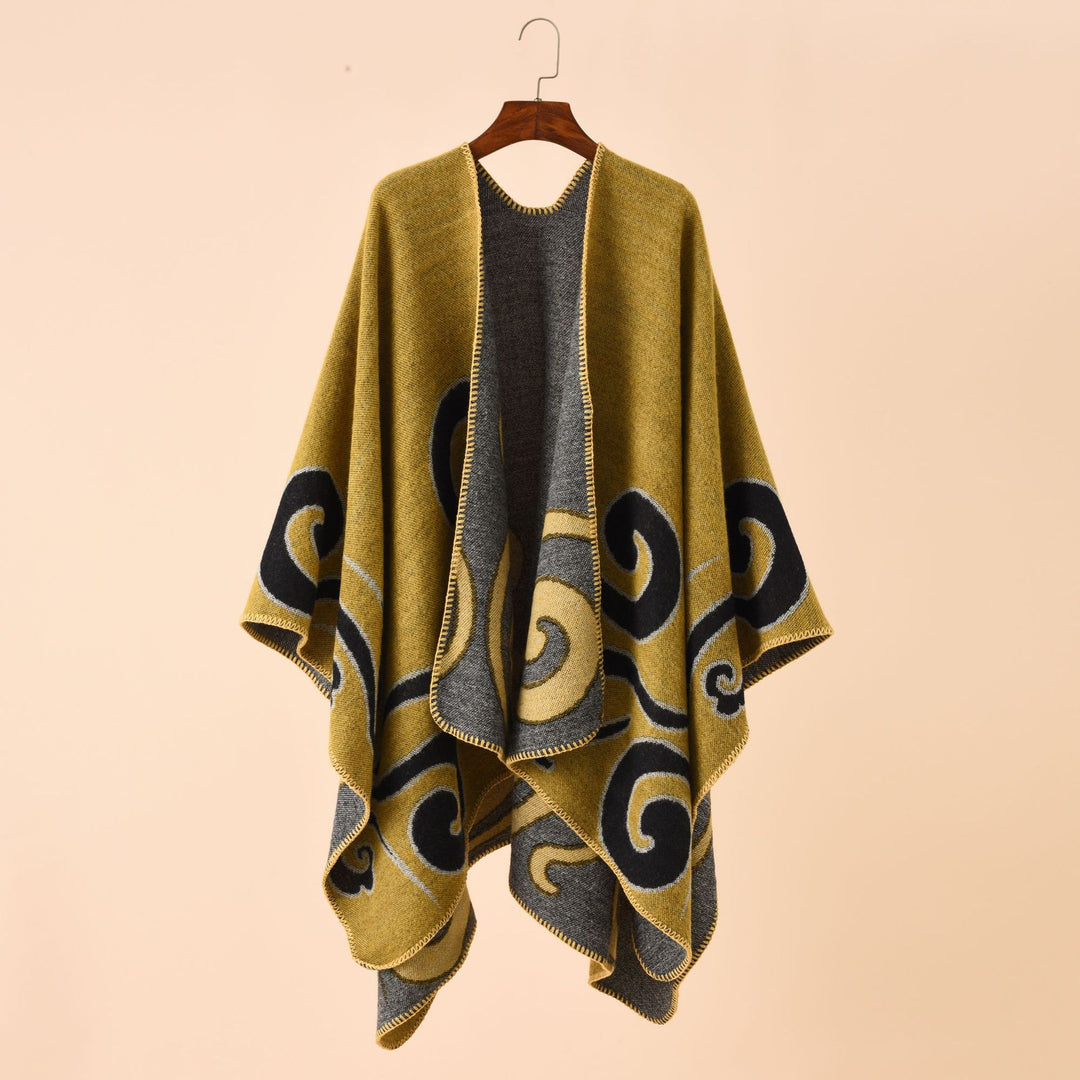 Damen Wollmix-Capeponcho im Ruana-Schnitt mit ornamentaler Intarsienstruktur – Montévia