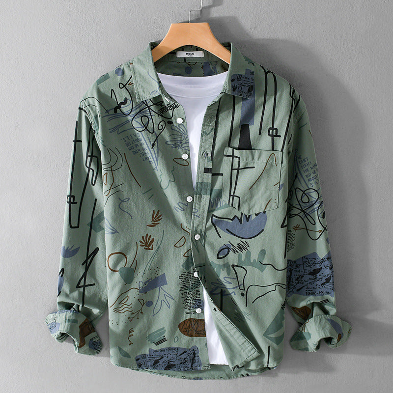 Herren Lockeres Hemdjacken-Overshirt mit abstraktem Skizzenprint, Brusttasche und weichem Baumwollgriff Echoarchiv