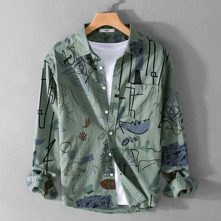 Herren Lockeres Hemdjacken-Overshirt mit abstraktem Skizzenprint, Brusttasche und weichem Baumwollgriff Echoarchiv