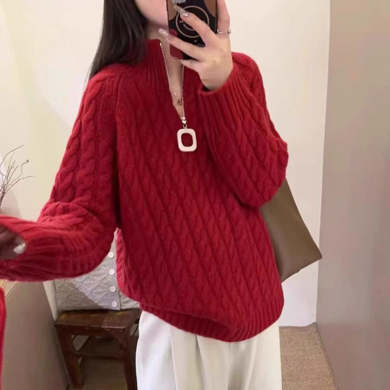 Damen Oversize Zopfmuster-Feinstrickpullover mit halbem Zipper und Stehkragen Echoarchiv