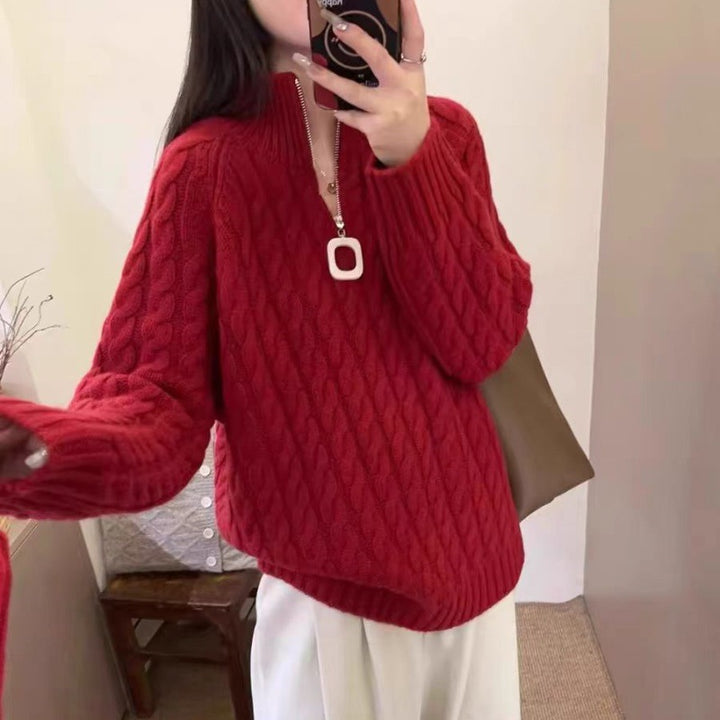 Damen Oversize Zopfmuster-Feinstrickpullover mit halbem Zipper und Stehkragen Echoarchiv